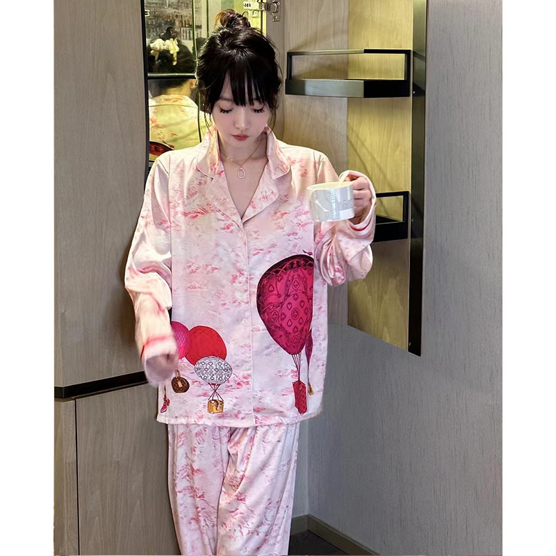 [Pink hot air balloon] Girl's sweet pajamas women's ice silk long sleeve autumn thin outdoor homewear suit
