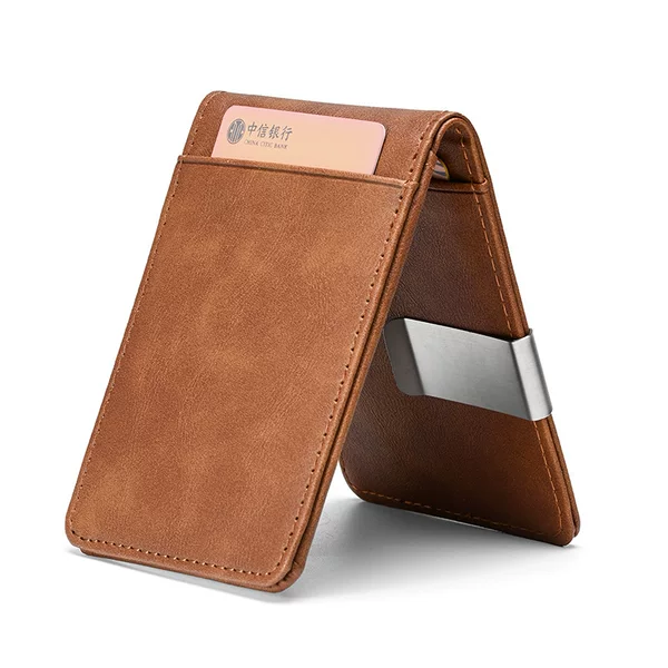 Cross-Border Card Holder Id Holder Men's Crazy Horse Pattern Short Wallet Stainless Steel Dollar Wallet Credit Card Holder Pu
