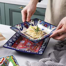 5ZV7批发波西米亚方盘陶瓷菜盘子家用方形水果盘高颜值西餐盘大容