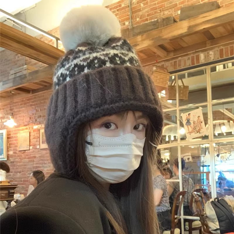 フェア島風毛糸帽子女子秋冬レトロ百合大頭囲保温ニット帽子顔小耳保護帽子