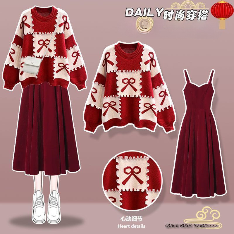 Plus Size Women's Autumn and Winter Suit Women's 2025 New Style Thickeneded Knitted Sweater Women's Slim Dress Two-Piece Set