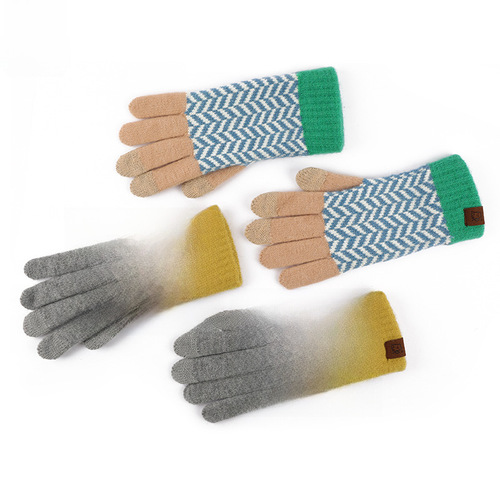Japanese-style winter wool color-blocking knit gloves, retro jacquard, lined, touch screen, warm riding gloves