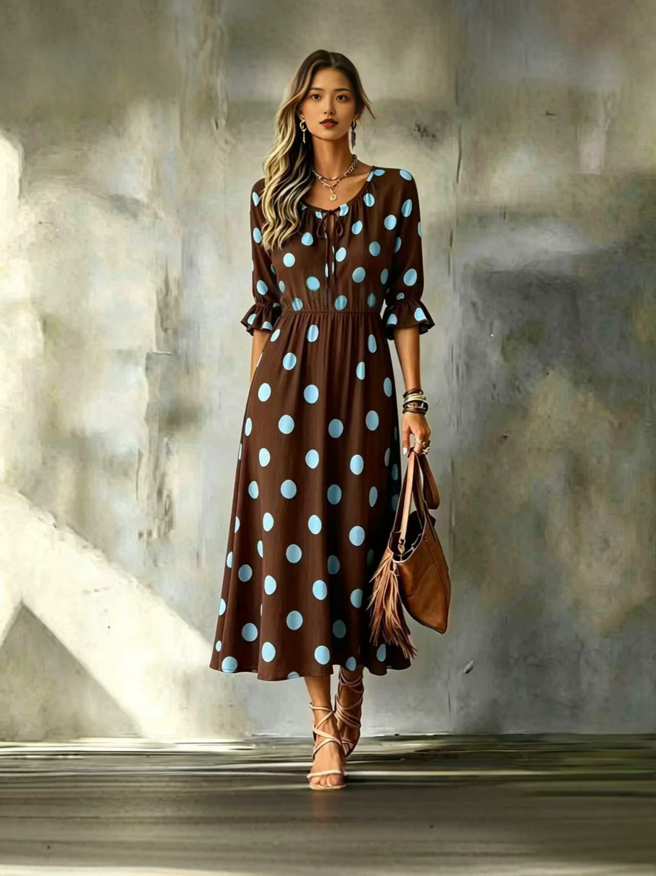 2026 New Cross-Border Women's Fashion European and American Style Waist-Cinching Slimming Mid-Length Resort-Style Polka Dot Print Dress