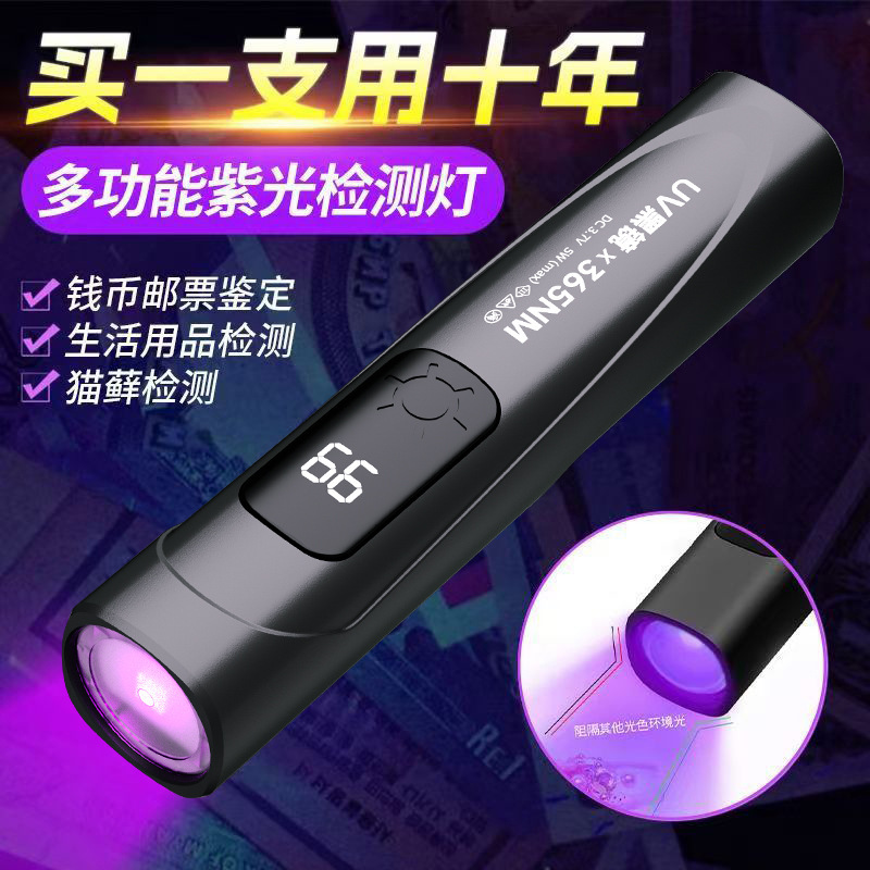 跨境UV紫光手电筒 365nm紫外线验钞猫藓蔬菜玉石农药残留检测灯