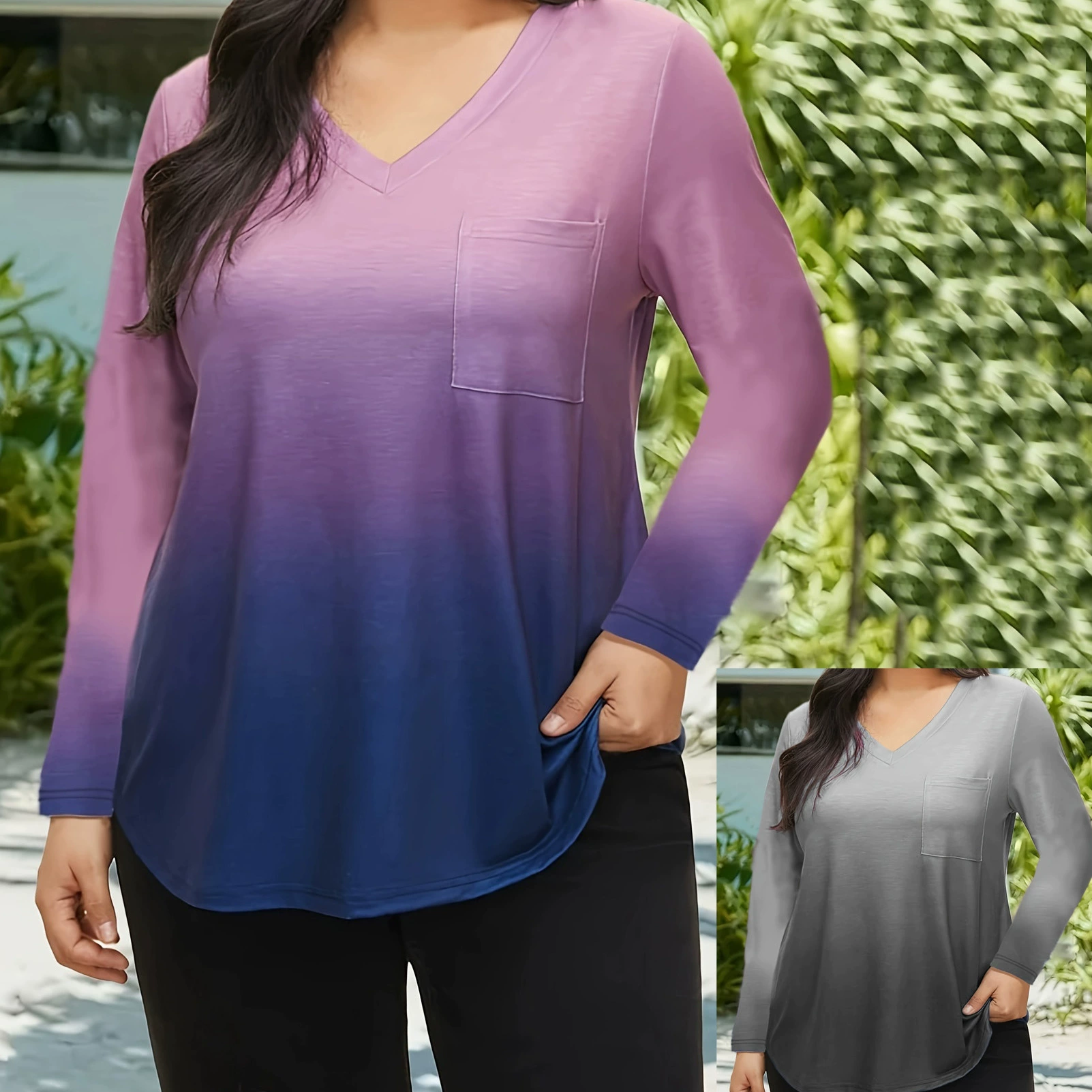 2024 Осень Зима Европа и США Amazon TEMU Независимая станция Трансграничный Новый градиент V-образный вырез карманные футболки с длинными рукавами топ