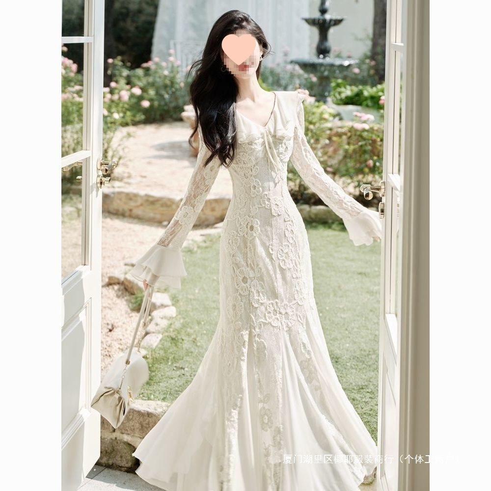 Autumn New Style French Gentle Style Lace Skirt Embroidered Collar Design Long-Sleeved Dress Fishtail Dress for Women