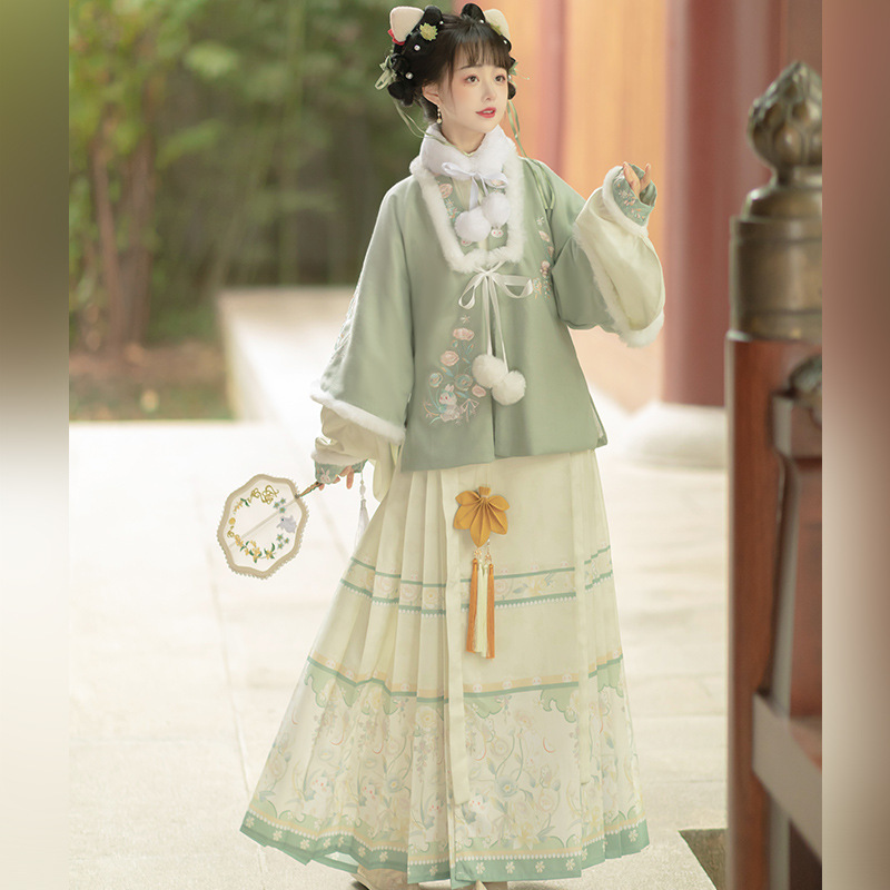 Caozhou Adult Rabbit Velvet Hanfu Women's Ming-made Collar Embroidered Padded Coat Vertical Collar Pipa Sleeve Horse-faced Dress New Year's Dress