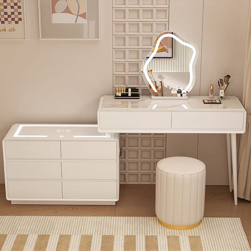 흰색 120cm 테이블 + 캐비닛 + 구름거울 + 원형 스툴