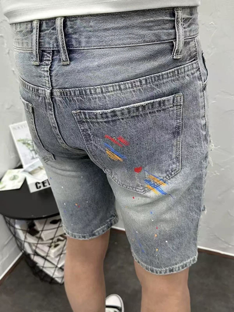 Herren Denim Shorts Retro Distressed Patchwork Stretch Sommerhose_voghion.com