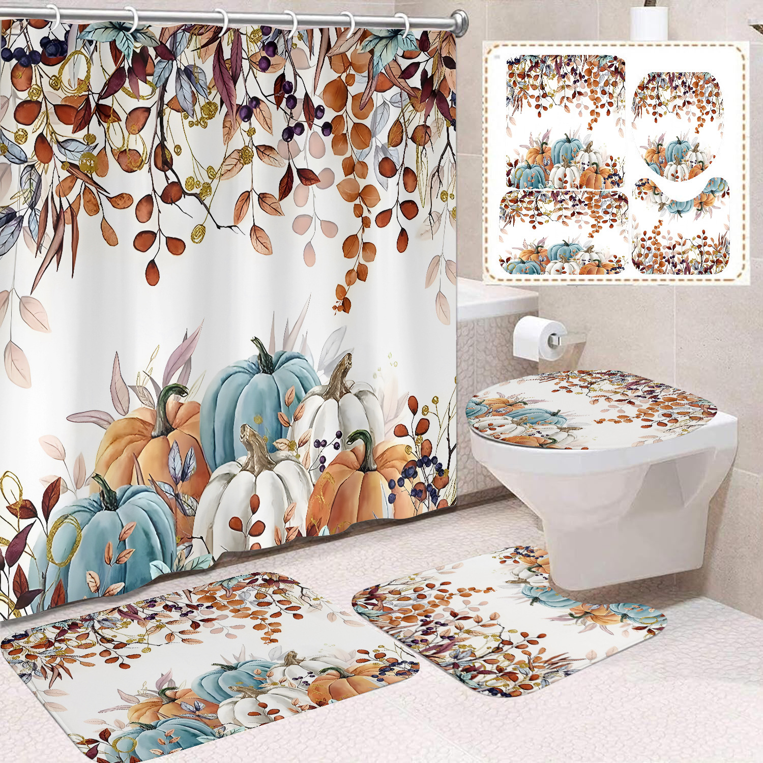 Cortina de ducha de Acción de Gracias, cosecha de otoño, serie de calabaza, cortina de ducha, cortina de baño, cortina de baño impermeable de poliéster, cortina de baño de cuatro piezas