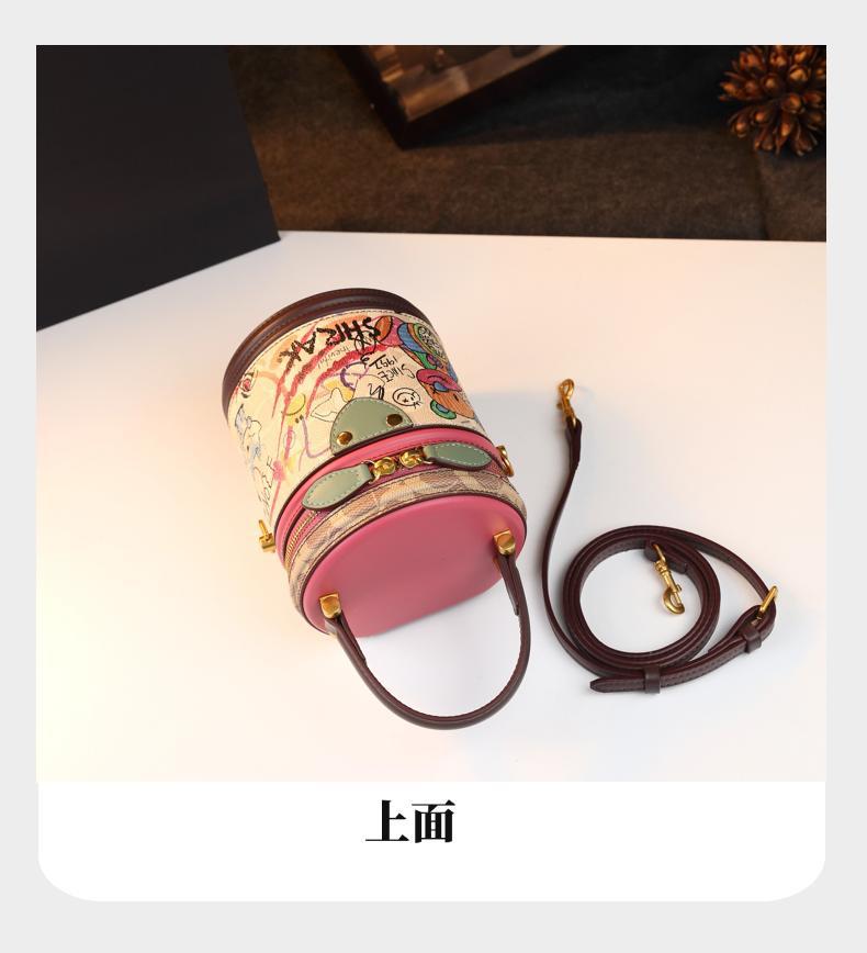 Túi bucket nữ hình trụ họa tiết gấu vẽ tay, đeo chéo kiểu mới — màu trắng ngà, Cà phê Brown, màu sắc chi tiết 15
