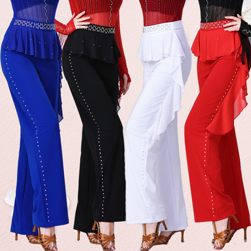 广场舞新款裤子拉丁舞女士吉特巴水兵舞舞蹈裤跳舞烫钻荷叶边长裤