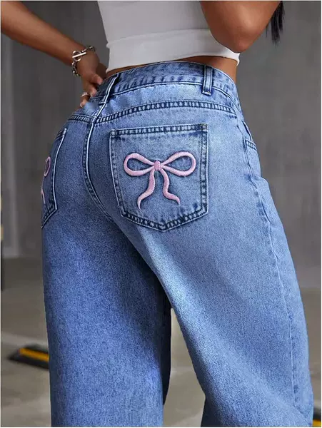 Shein Amazon Bow Embroidered Jeans for Women Y2K High-Waisted Straight-Leg Pants Loose Long Pants High-Waisted Slimming