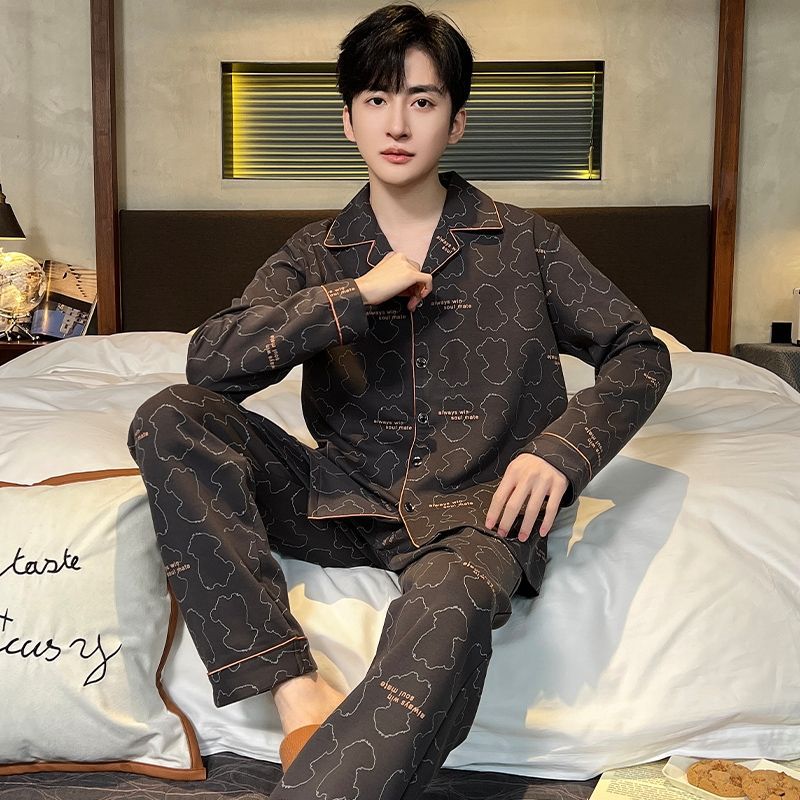 2025 pijama de primavera hombre juvenil de mediana edad, set de algodón de manga larga cardigan de manga larga ropa casera mayorista