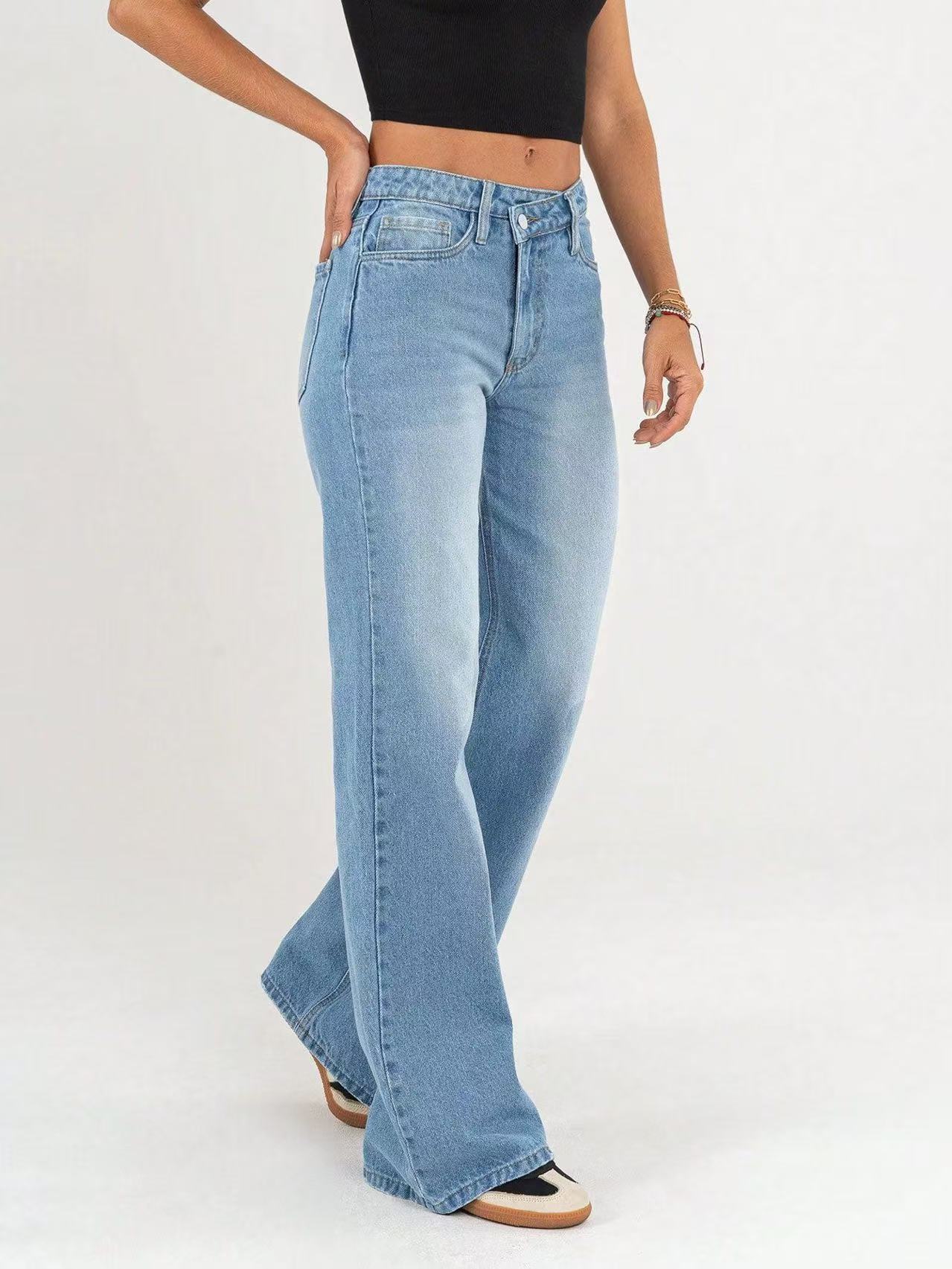 Jeans Rectos de Mujer con Botones Oblicuos de Mezclilla de Algodón y Poliéster, Elásticos, Cintura Media, para Uso Diario image 4