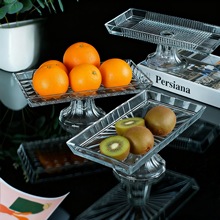 创意长方形浮雕高脚玻璃水果盘点心托盘客厅干果盘酒店家用餐具盘