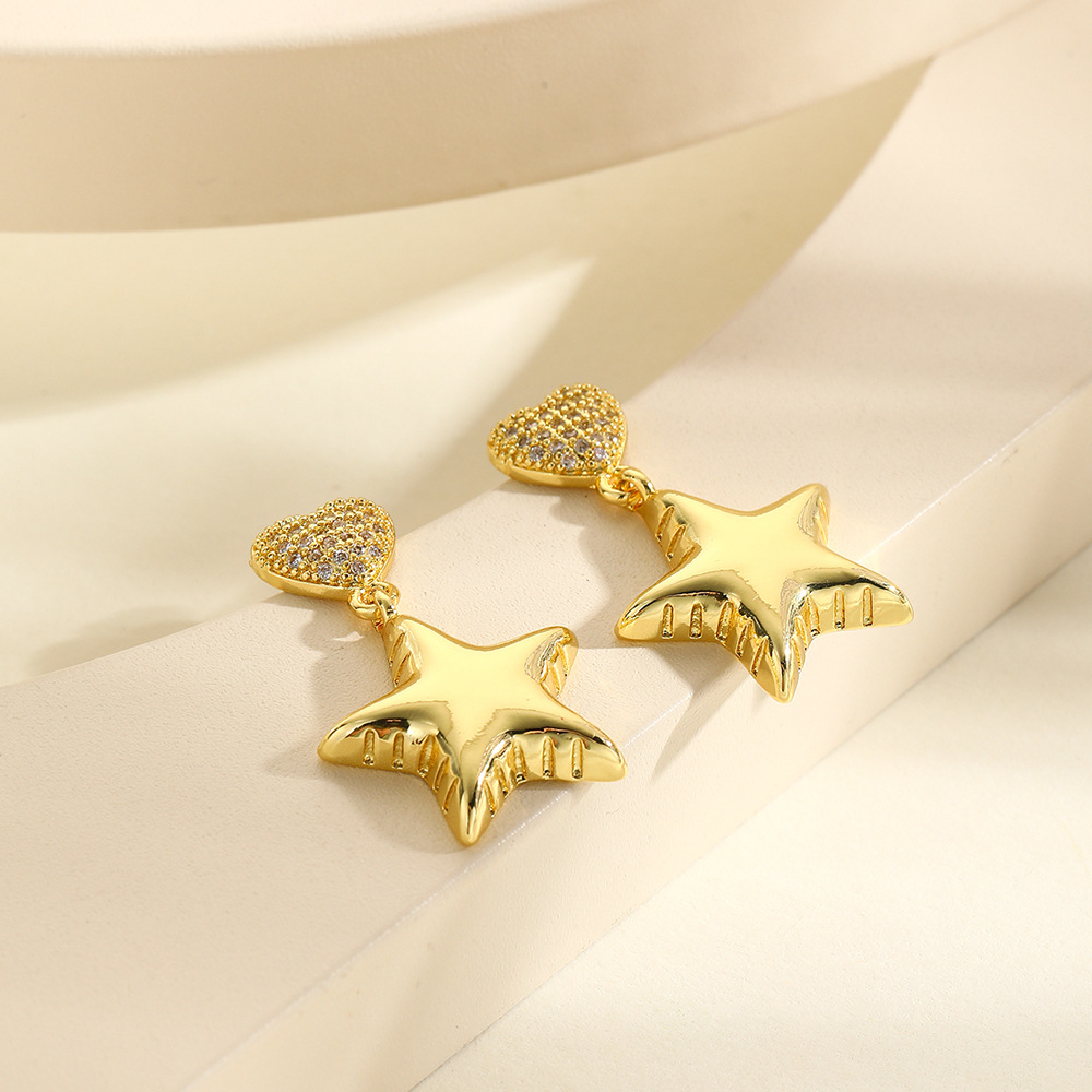 Women's Gender 1 Pair Elegant Simple Style Star Heart Shape Copper Zircon 18K Gold Plated Drop Earrings