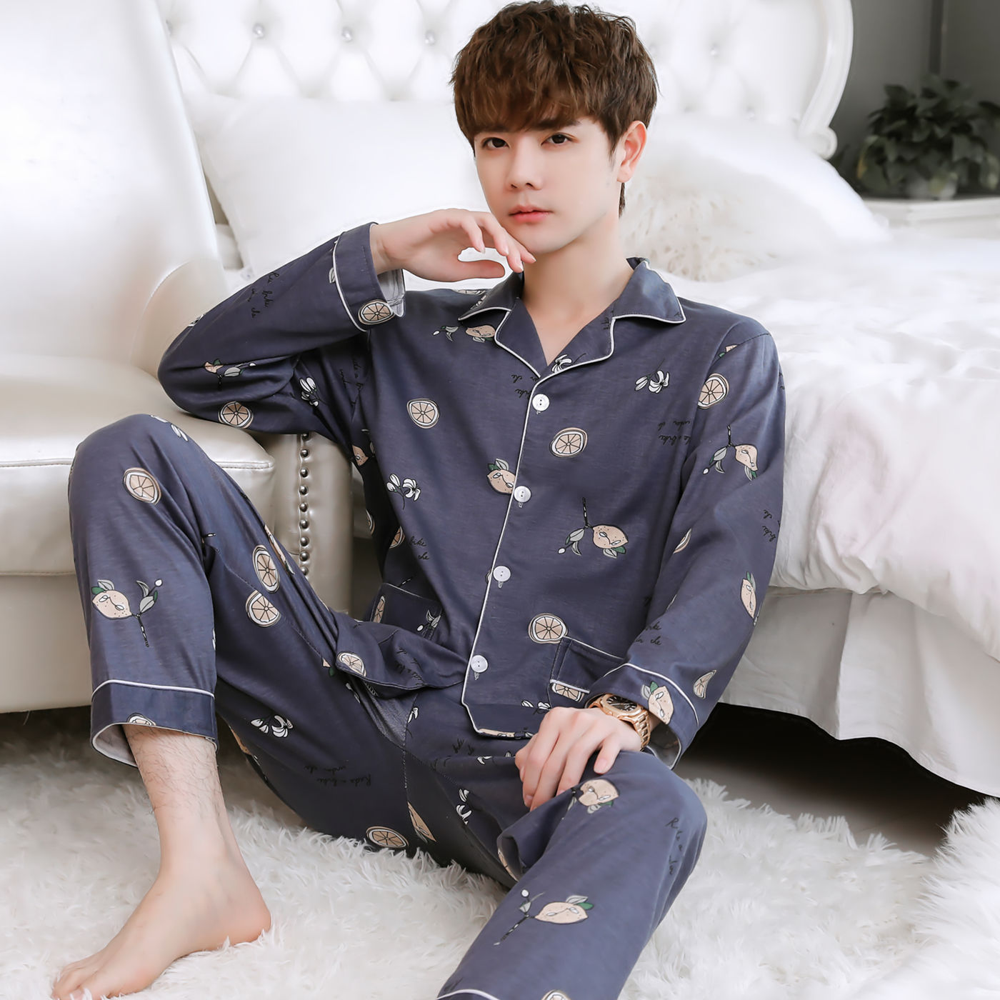 Pijamas de hombre Pijamas de primavera y otoño pantalones de algodón de manga larga de los hombres cardigan verde de mediana edad ropa de hogar traje de invierno para los ancianos