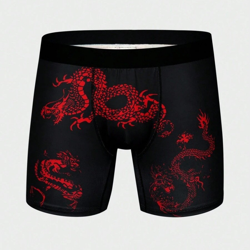 Men's Black Daily Home Slim-fit Breathable Skin-friendly Antibacterial Long Flat Panties Auspicious China Red Dragon 3D Print