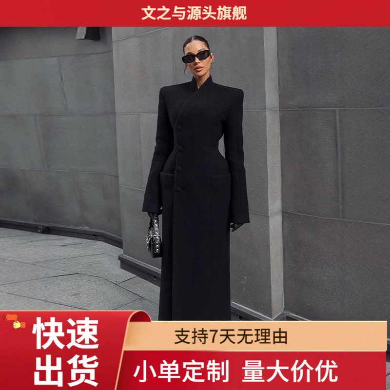 Cross-Border European and American Style Elegant Stand-Collar Single-Breasted Waist-Cinching Long Silhouette Winter Woolen Coat for Women with a High-End Feel