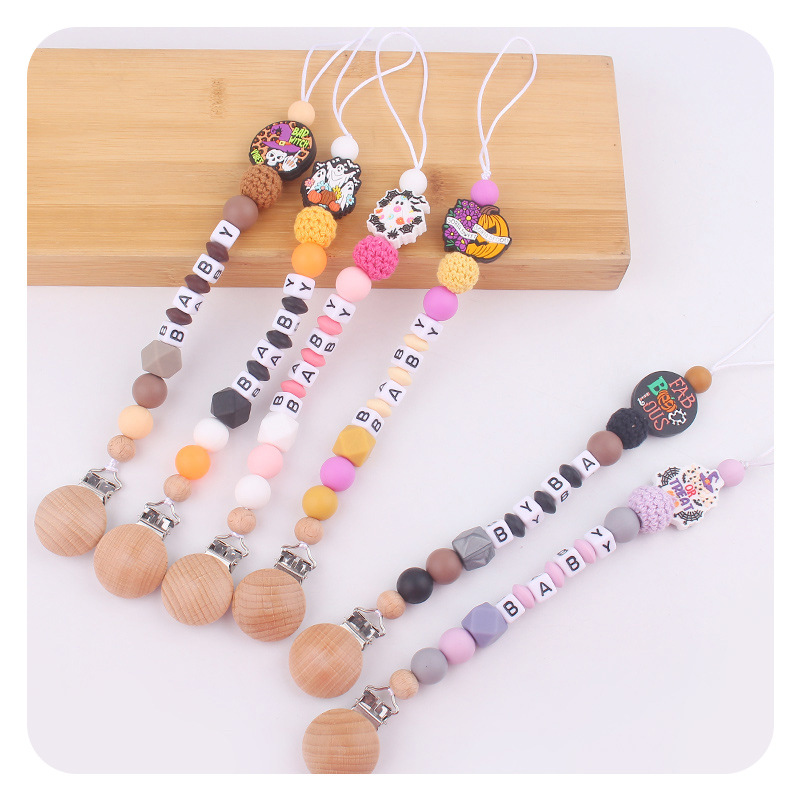 Productos para bebés, juguetes de planeta creativo, pinza de chupete de madera, cadena de chupete de silicona para bebés, cadena anti-caída