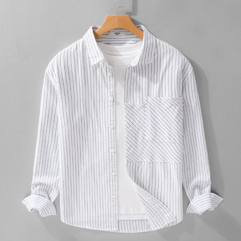 Весенне-осенняя мужская полосатая простая рубашка с длинными рукавами в японском стиле, модная повседневная свободная молодежная универсальная мужская рубашка 9903