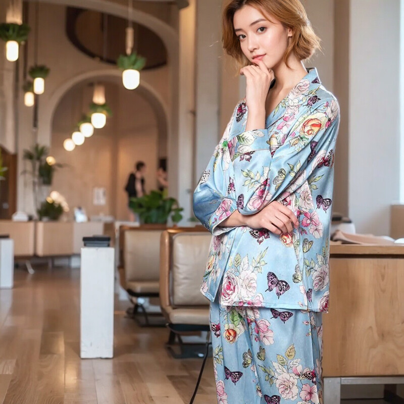 19mm 멀버리 실크 롱 + 롱 슈트 - 플라워 블루