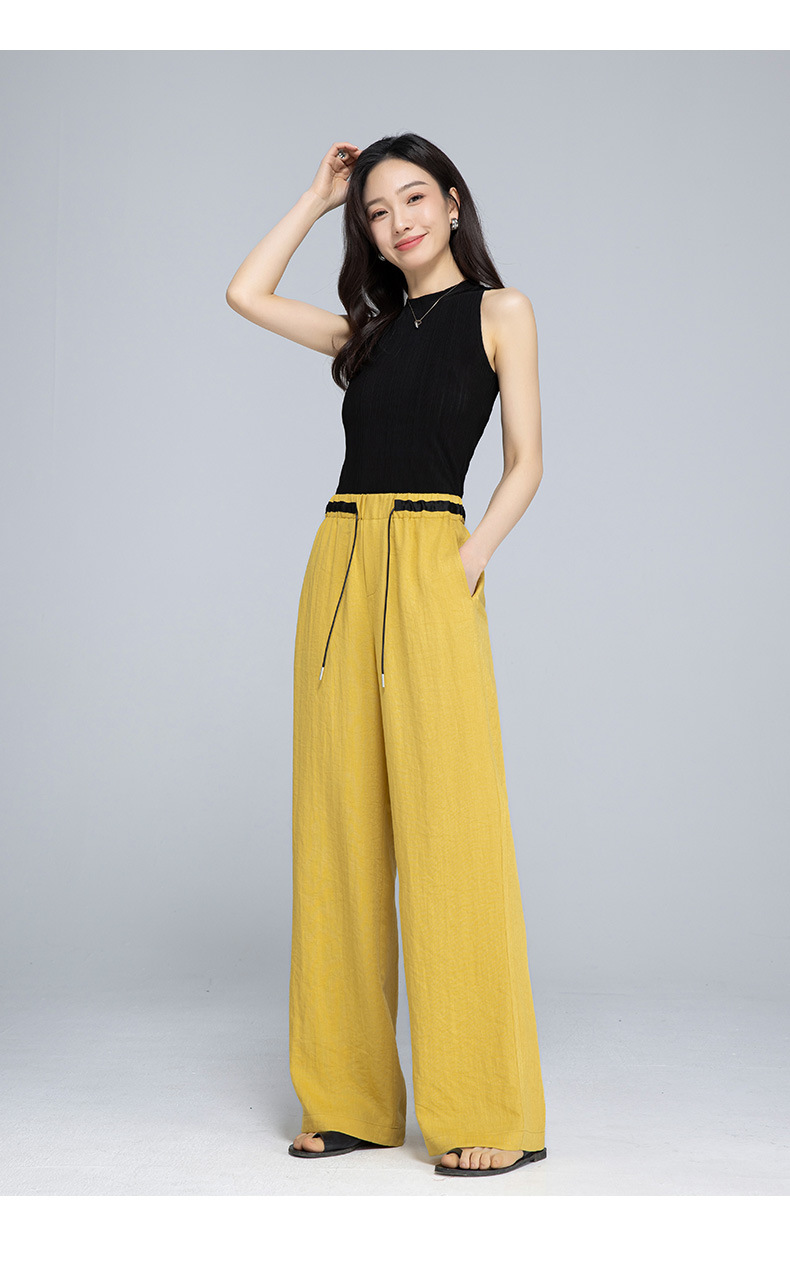 Quần ống rộng nữ vải lanh phối màu cạp chun dáng suông mát mẻ — Màu trắng chi tiết 26