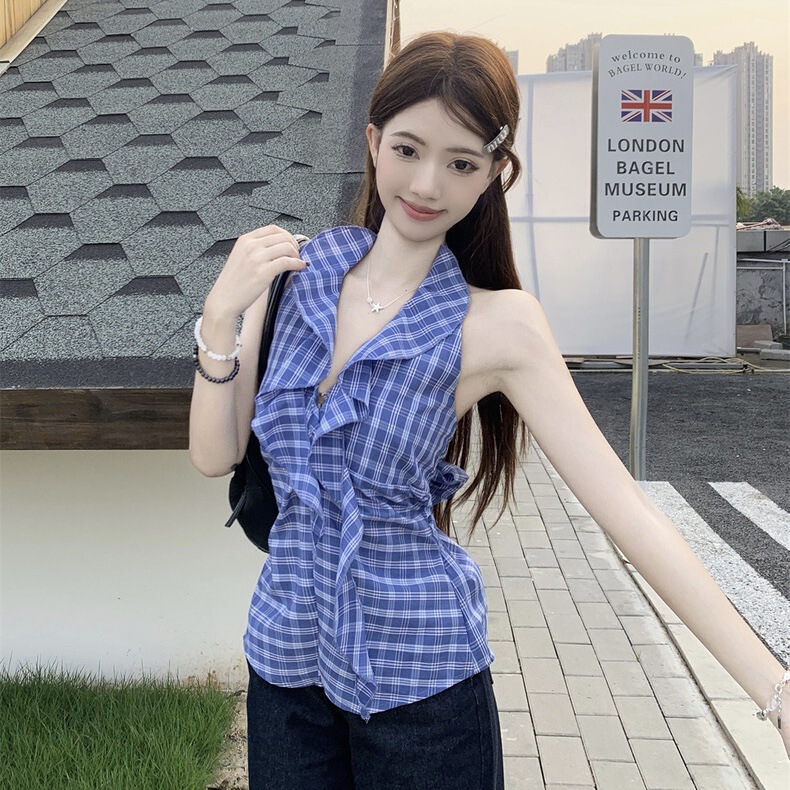 ブルーチェック柄 V ネックフリルホルターベスト女性の夏のレトロな純粋な欲望ホットガールスタイル多用途サスペンダートップ|undefined