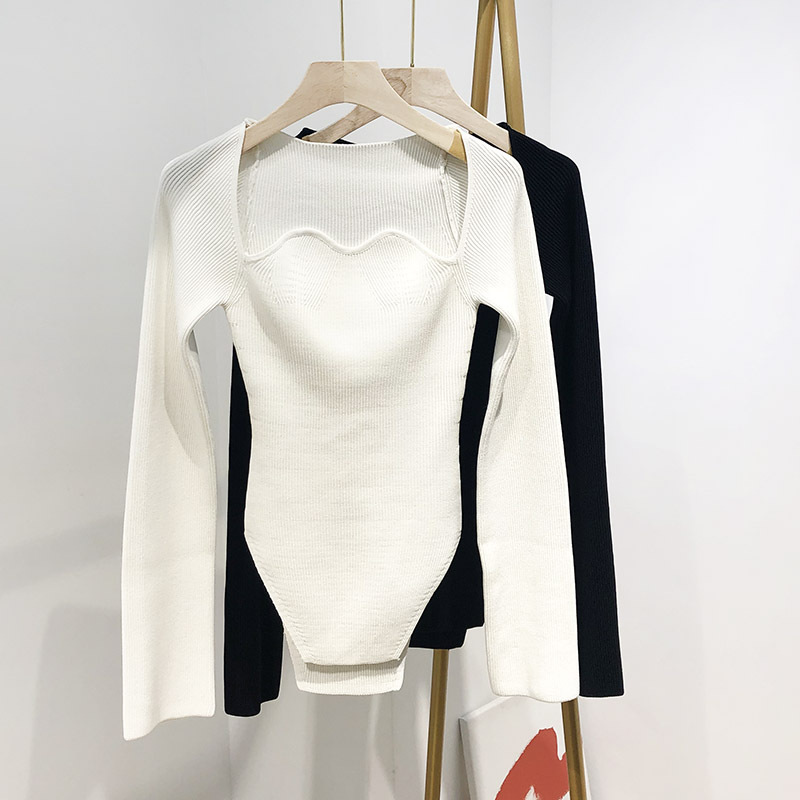 Special offer! Autumn and Winter European and American V-neck Fashionable Low-cut One-character Collar Irregular Slim Hem Long-sleeved Sweater for Women