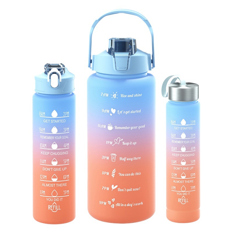 Taza de agua de tres piezas taza de paja de gran capacidad taza de agua de color degradado espacio deportivo olla taza de agua de plástico esmerilado con escala