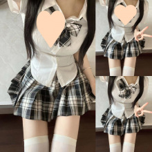 jk制服学院风百褶裙套装收腰显衬衫三件套格裙衬衣大码半身裙子