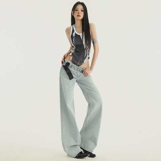 Free Shipping American Style Retro Shallow Hot Girl Loose Wide Leg Pants All-Match Slim Look Straight Leg Jeans with Dipped Hair