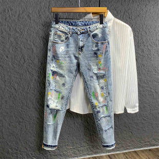 Light Blue Ripped Jeans Men's Slim Fit Stretchy 2025 New Spring and Summer Trendy Brand Painted Nine-Point Pants