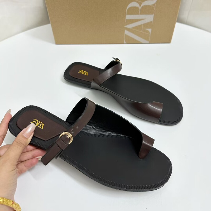 Za Women's Shoes 2025 New French Heel Clip Toe Bohemian Thin Strap Flats Roman Sandals Women's Summer Fashion