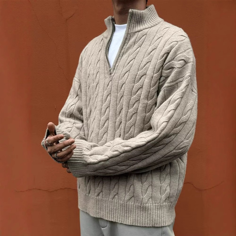 zozoforest Half-Zip Coarse Twist Vertical Collar Sweater Men's Winter Retro Old Money Style Inner Sweater Jacket