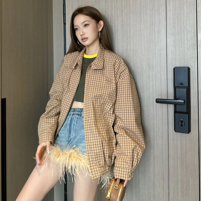Ceiling Poison Original Miu Ins Style Internet Celebrity Contrast Color Plaid Zipper Jacket for Men and Women Ceiling Poison Original Miu Ins Style Internet Celebrity Contrast Color Plaid Zipper Jacket for Men and Women