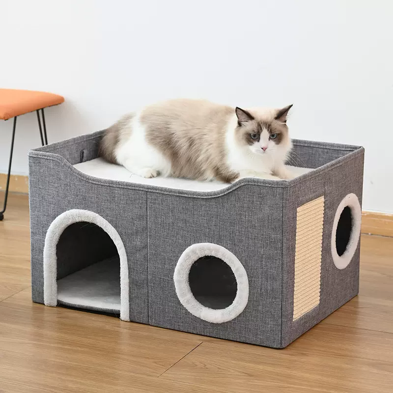 宠物窝四季通用猫窝双层多洞剑麻磨爪宠物用品全封闭式可折叠狗窝