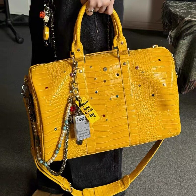 Yellow Imitation Crocodile Leather Texture Colored Diamond Gemstone Niche Crossbody Bag American Street Trendy Satchel Travel Bag for Men and Women
