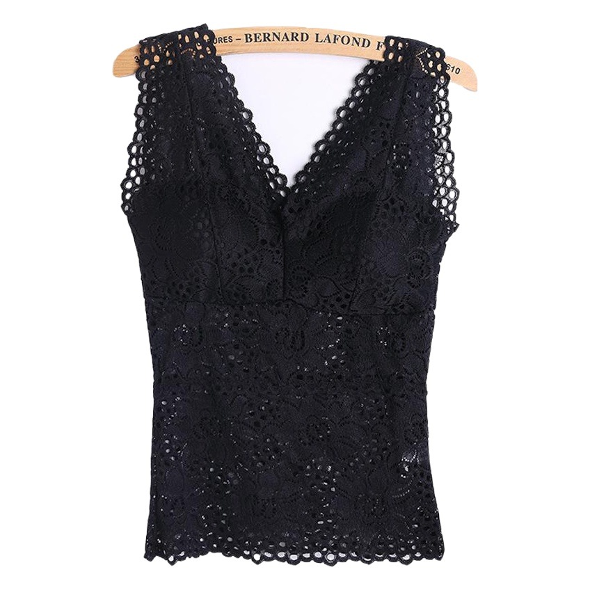 Sexy encaje espalda camisola de las mujeres slim-fit de media longitud hollow-out ropa interior delgada con almohadilla en el pecho verano