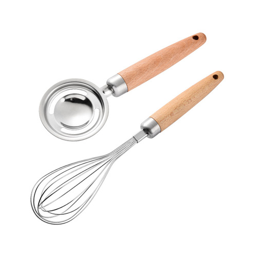 Wooden handle egg beater flour stir stick cream whipper household stainless steel egg egg separator colander
