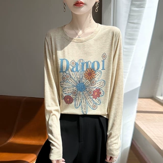 精纺莱赛尔2026春夏季女新短款宽松圆领印花长袖薄款打底针织衫