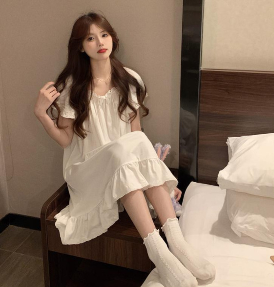 Estilo coreano novio estilo camisa estilo Palacio nuevo manga corta gasa sexy camisón de las mujeres Mediados falda verano más tamaño otoño