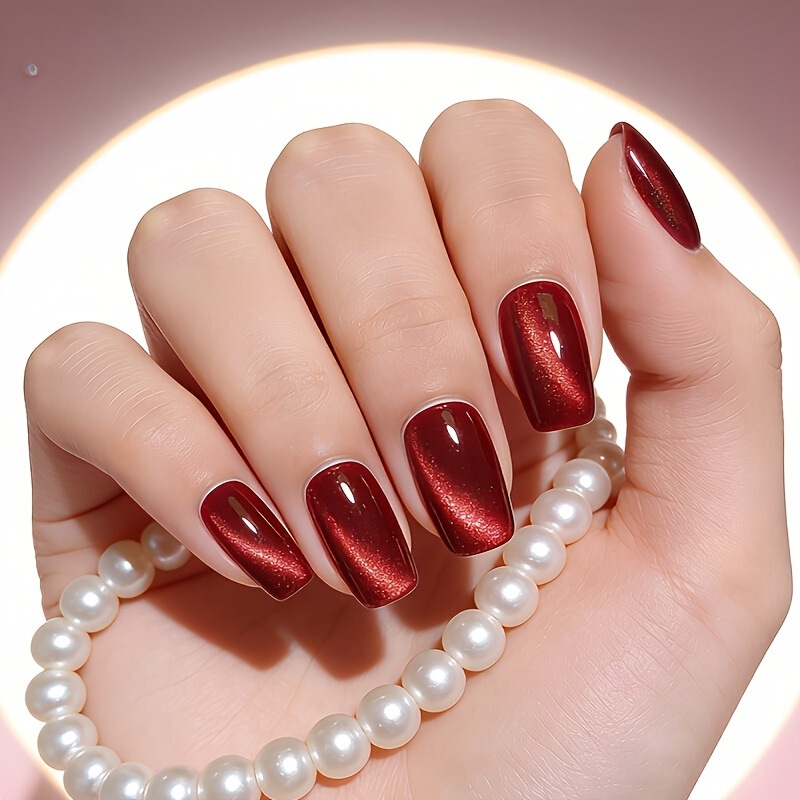Wine Red Cat-Eye Long Ladder-Shaped Wearable Nails, Retro Red Magnetic Cat-Eye Fake Nails, Removable Nail Patches Wine Red Cat-Eye Long Ladder-Shaped Wearable Nails, Retro Red Magnetic Cat-Eye Fake Nails, Removable Nail Patches