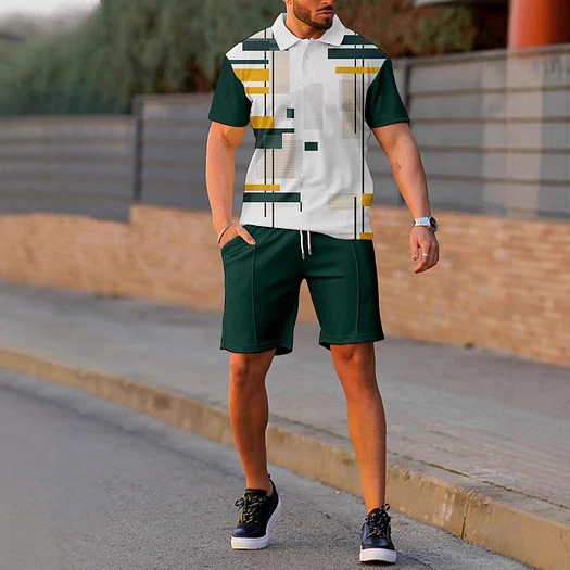 대비 색상 3D 디지털 인쇄 남성 여름 반팔 비치 바지 트렌디 티셔츠 반바지 정장 문자 단순