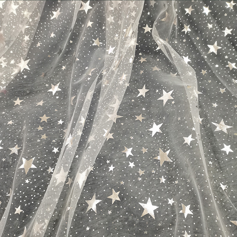 Silver-Embossed Star Tulle, Gold-Embossed Mesh Tulle, Fairy Mist Tulle, Transparent Soft Tulle, Barbie Doll Tulle Skirt, Children's Clothing, Five-Pointed Star Hair Accessories