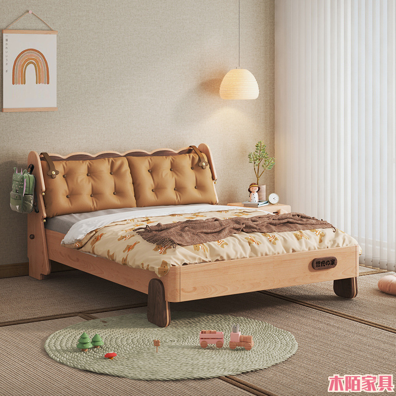 Biscuit-Shaped Children's Bed, All Solid Wood, Girls' Bedroom, Children's Room, Multifunctional, 1.5m Soft-Covered Boys' Storage Single Bed