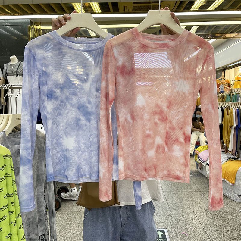 Tie-dyed Mesh Base Shirt Women's Thin 2022 Summer Korean Style Slim-fit Stylish Inner Long-sleeved T-shirt Sunscreen Top