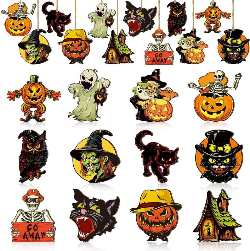 ハロウィン木製装飾ツリーレトロハロウィン吊り下げ装飾木製ハロウィン吊り下げ装飾カボチャ魔女黒猫木製カットアウト|undefined