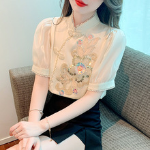 新中式女装短袖衬衫上衣女夏季重工钉珠雪纺衬衣复古国风盘扣小衫